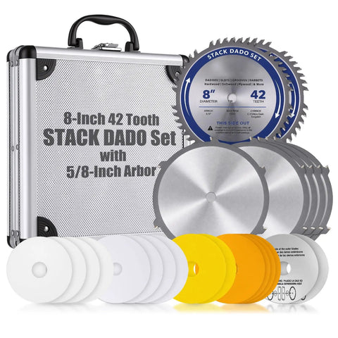 Top Shelf 8 Inch Stacked Dado Blade Set Packing 42 Razor Sharp Teeth And 24 Precision Shims For Standard Five Eight Inch Arbor Table Saws cuts displayed.