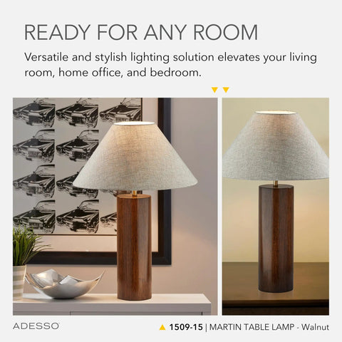 Walnut Wood Base Table Lamp With Beige Fabric Shade And Antique Brass Accents, Modern Ambient Lighting for any room