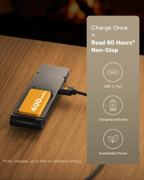 Rechargeable Clip-On Reading Light With 3 Color Temperatures And Stepless Dimming, USB-C charging on wooden table