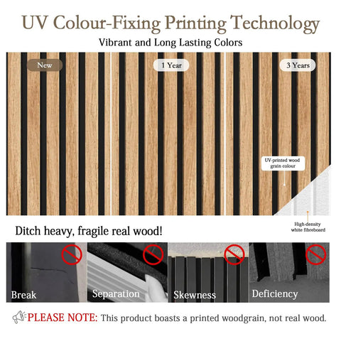 Image showing UV Colour-Fixing Printing Technology on high-density fibreboard, demonstrating printed wood grain colors over time.