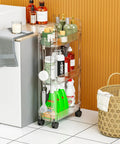 Slim Rolling Storage Cart With Wheels For Small Spaces, Clear Modern Design, Narrow Bathroom And Laundry Organizer with cleaning supplies.