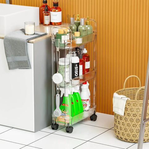 Slim Rolling Storage Cart With Wheels For Small Spaces, Clear Modern Design, Narrow Bathroom And Laundry Organizer with cleaning supplies.