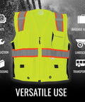 Top Shelf High Visibility Mesh Safety Vest With Six Roomy Utility Pockets For Tools And Tablets Bright Yellow Reflective Hi Vis PPE Gear for versatile use in construction and events.