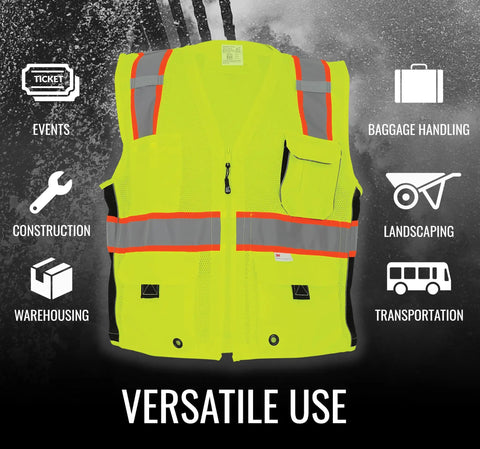Top Shelf High Visibility Mesh Safety Vest With Six Roomy Utility Pockets For Tools And Tablets Bright Yellow Reflective Hi Vis PPE Gear for versatile use in construction and events.