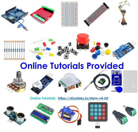 STEM V4 IoT Starter Kit Compatible With Arduino Uno R4 WiFi showing boards, sensors, display modules, breadboard, jumper wires.