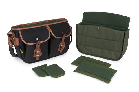 Hadley Pro 2020 Camera Bag With Removable Padded Insert in black canvas tan leather, showing open bag, green insert, and padding