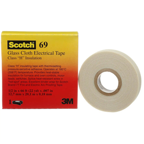 Glass Cloth Electrical Tape 69 One Half Inch by 22 Yard Premium Grade with packaging, silicone adhesive, heat resistant roll.