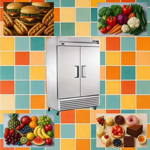 Heavy Duty Commercial Reach In Freezer Featuring Eco Friendly Hydrocarbon Refrigerant Cools To Minus Ten Degrees Fahrenheit with assorted food images.