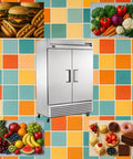 Top Shelf Two Door Reach In Freezer Built Tough With Smooth Stainless Finish And No Nonsense Self Sealing Doors Perfect For Busy Commercial Kitchen Cold Storage Tasks, surrounded by food items.