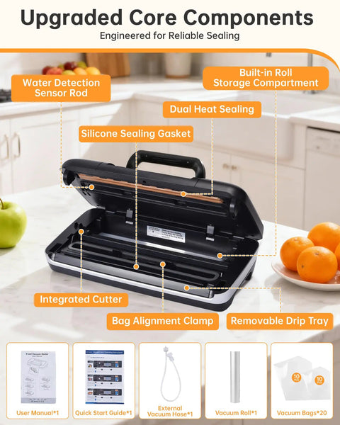 Heavy Duty Vacuum Sealer Machine With 85KPa Suction, Pro Grade, showing components like cutter and bag storage