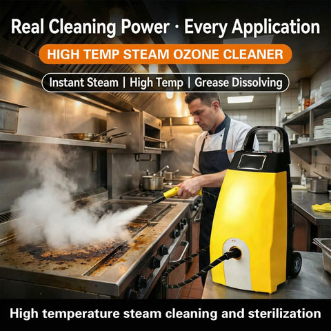Heavy Duty Commercial Steam Cleaner High Temp Industrial Pressure Washer Kitchen Car Detailing Chemical Free Professional Cleaning Tool 2500 Watt Fast Heat Up Deep Clean, in use on kitchen stovetop.