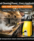 Heavy Duty Commercial Steam Cleaner For Kitchens And Auto Detailing Rapid Heat Zero Chemicals Powerful Steam Blasting Grease Buildup High Pressure Pro Cleaning Gear Yellow in use on greasy stove.