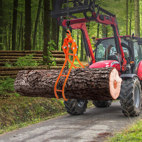 Orange VEVOR Timber Claw log grapple with four claws, side view attached to tractor loader lifting a thick log