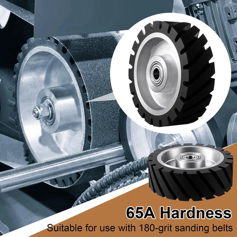 Tough 6X2 Inch Serrated Rubber Contact Wheel For Belt Grinder Machine With 6202 Bearing And 65A Hardness on equipment with 180 grit.