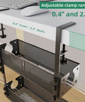Two Pack Under Desk Cable Management Trays, Metal Wire Organizer Clamp Mount installed on desk, adjustable clamp range shown
