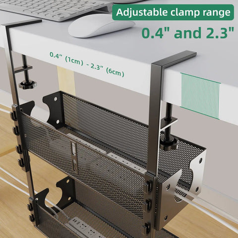Two Pack Under Desk Cable Management Trays, Metal Wire Organizer Clamp Mount installed on desk, adjustable clamp range shown