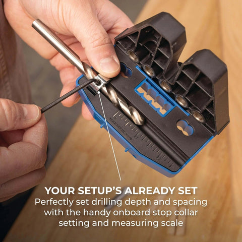 Dübelset mit abnehmbaren Bohrführungen für Schränke und Werkbankprojekte im Einsatz, mit Hervorhebung der Messfunktionen