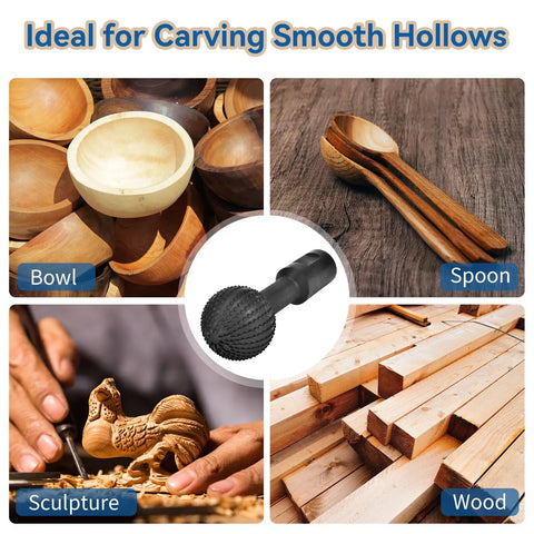 Rock Solid Carbon Steel Sphere Rotary Burr With Standard 5/8-11 Threads For 4-1/2 And 5 Inch Angle Grinders, heavy duty ball gouge seen with wooden bowls, spoons, and wood planks.