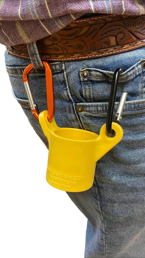 Keep Your Reach Tools Right At Hand With This Durable Wearable Holster Snaps Quickly Onto Belt Loops, showing a yellow clip-on holster.