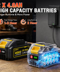 2x 4.0Ah 21V Max lithium-ion batteries on charger, with label for Half Inch Cordless Impact Wrench Delivers Up To 738 Foot Pounds Of Torque For Tough Bolts And Rusted Nuts Beast Mode Power For Car Tires Trucks SUVs RVs And Heavy Duty Garage Maintenance