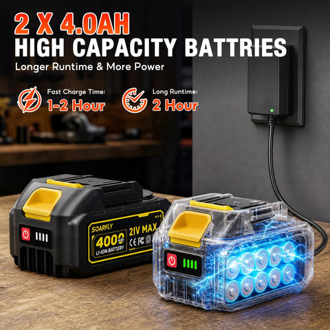 2x 4.0Ah 21V Max lithium-ion batteries on charger, with label for Half Inch Cordless Impact Wrench Delivers Up To 738 Foot Pounds Of Torque For Tough Bolts And Rusted Nuts Beast Mode Power For Car Tires Trucks SUVs RVs And Heavy Duty Garage Maintenance