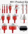 Diamond core drill bit set for porcelain tile, front view, red, 13 pcs with 6–65mm sizes and milling/beveling bits, Amazon.