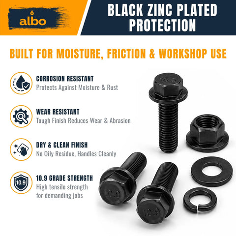 Flange Hex Bolts Kit M8 x 20mm 1.25 Thread, 120 Pcs, 10.9 Black Zinc Finish, Heavy Duty Pro Grade Set for Auto, Machinery, and DIY Projects, Corrosion Resistant Fasteners for Trucks and Bikes; black flange bolts and washers