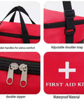 Emergency Medical Bag Organizer Large with Detachable Pouch and Pill Bottle Storage, red with handles and zippers, waterproof case.