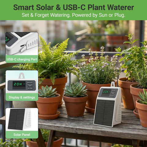 Solar Powered Drip Irrigation System With USB C Dual Power No Fuss DIY Watering Kit for 10 Potted Plants on Balcony