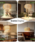 Big Time Upgrade 19 Inch Boho Rattan Chandelier Featuring Five Warm Lights For Farmhouse Dining Rooms showcased in various room settings.