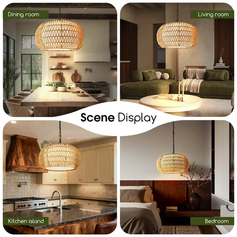 Big Time Upgrade 19 Inch Boho Rattan Chandelier Featuring Five Warm Lights For Farmhouse Dining Rooms showcased in various room settings.