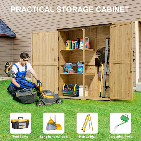 Outdoor Storage Cabinet With Waterproof Roof And Double Lockable Doors Garden Shed With Two Removable Shelves in backyard
