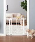 Walk Through Baby Gate For Doorways No Tools Needed Easy Install Fits 29 To 38 Inches Adjustable 28 Inch Tall White with dog nearby