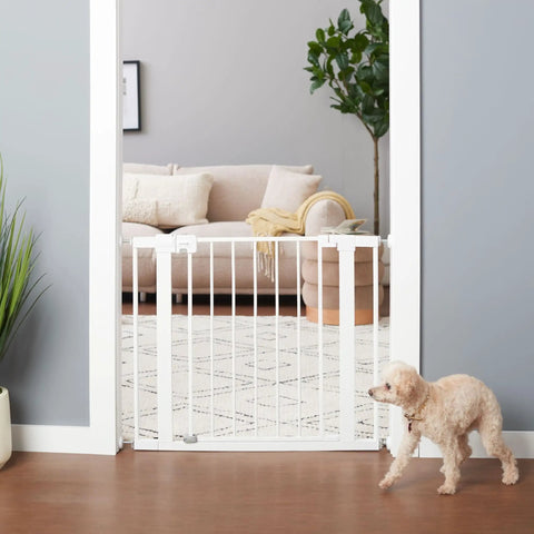 Walk Through Baby Gate For Doorways No Tools Needed Easy Install Fits 29 To 38 Inches Adjustable 28 Inch Tall White with dog nearby