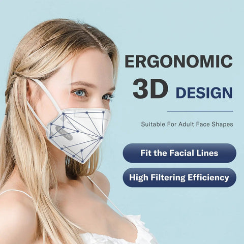 Woman wearing KN95 Face Masks Pack of Fifty, Five Ply Disposable Masks, Breathable Comfy Fit, All Day Wear, High Filtration, White, Made in USA