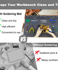 Comparison between organized workstation with Extra Large Soldering Mat 27.6 x 15.7 Inches and messy workbench without it.