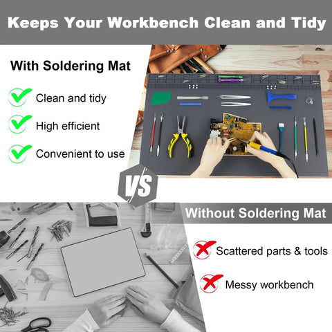 Comparison between organized workstation with Extra Large Soldering Mat 27.6 x 15.7 Inches and messy workbench without it.