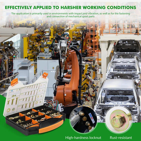 Pro Grade 5 Zinc Hex Bolts With Nylon Lock Nuts And Large Flat Washers in a tool kit for harsh environments, showcasing durable fasteners.