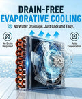 Drain-free evaporative cooling system with auto evaporation, designed for ease and efficiency in outdoor settings.