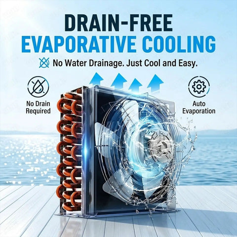 Drain-free evaporative cooling system with auto evaporation, designed for ease and efficiency in outdoor settings.