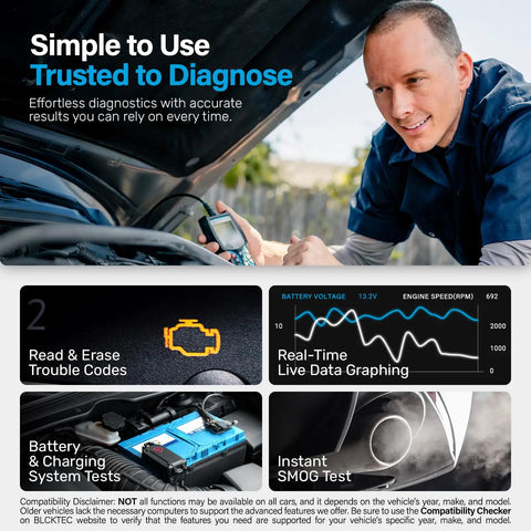 Man using Bluetooth OBD2 Scanner With Live Data Code Reader And Battery Charging System Test For Cars 1996 And Newer
