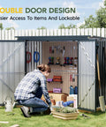 Person organizing tools inside an Outdoor Trash Can Storage Shed 6x3 Ft Metal Garbage Bin Enclosure with double doors open.