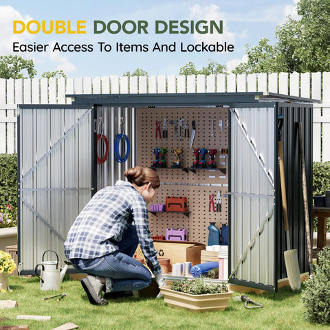 Person organizing tools inside an Outdoor Trash Can Storage Shed 6x3 Ft Metal Garbage Bin Enclosure with double doors open.