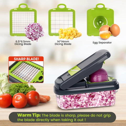 12-In-1 Vegetable Chopper With Built-In Container showing dicing blades and egg separator alongside diced onions in the container