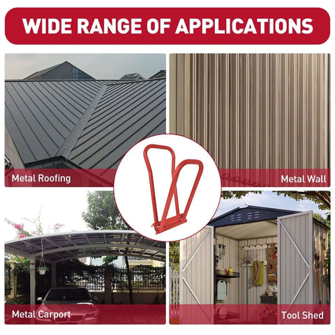 Heavy Duty Standing Seam Roofing Hand Seamer With Rubber Grommets shown with applications on roofing, walls, carports, and tool sheds.