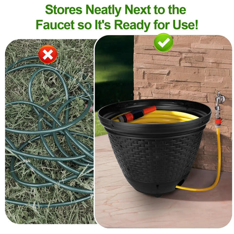 Must Have Decorative Wicker Garden Hose Pot Hideaway That Keeps Hoses Tidy For Outdoor And Garage Hose Holder next to faucet