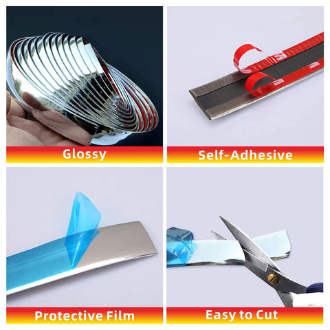 Chrome-silver automotive molding trim strip, 16 ft, self-adhesive, universal fit, glossy finish