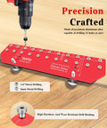 11 Hole Shelf Pin Jig With Adjustable Setup And Fast Clamp Includes One Quarter Inch And Five Millimeter Drill Bits Self Contained Cabinet And Wardrobe Drill Guide Makes Quick Accurate Woodworking Drilling A Breeze shown with red plate attached to drill on wood surface