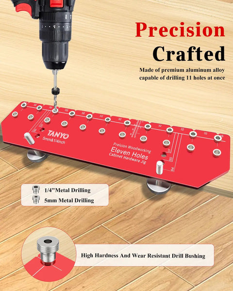 11 Hole Shelf Pin Jig With Adjustable Setup And Fast Clamp Includes One Quarter Inch And Five Millimeter Drill Bits Self Contained Cabinet And Wardrobe Drill Guide Makes Quick Accurate Woodworking Drilling A Breeze shown with red plate attached to drill on wood surface