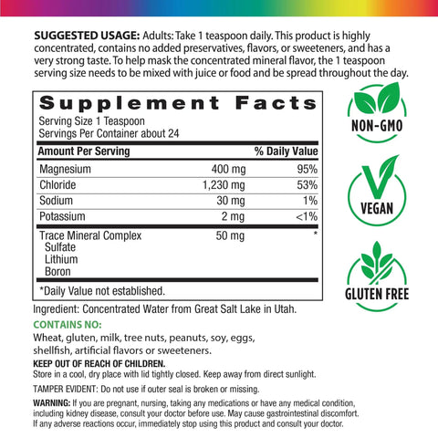 Supplement facts of Ionic Magnesium Liquid Supplement With Trace Minerals And Electrolytes Odorless And Unflavored 4 Fl Oz Vegan Non GMO Gluten Free